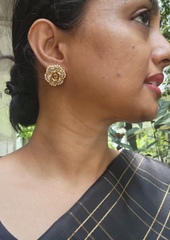 Gold polish kundan flower earrings with pearls-Earrings-CI-House of Taamara
