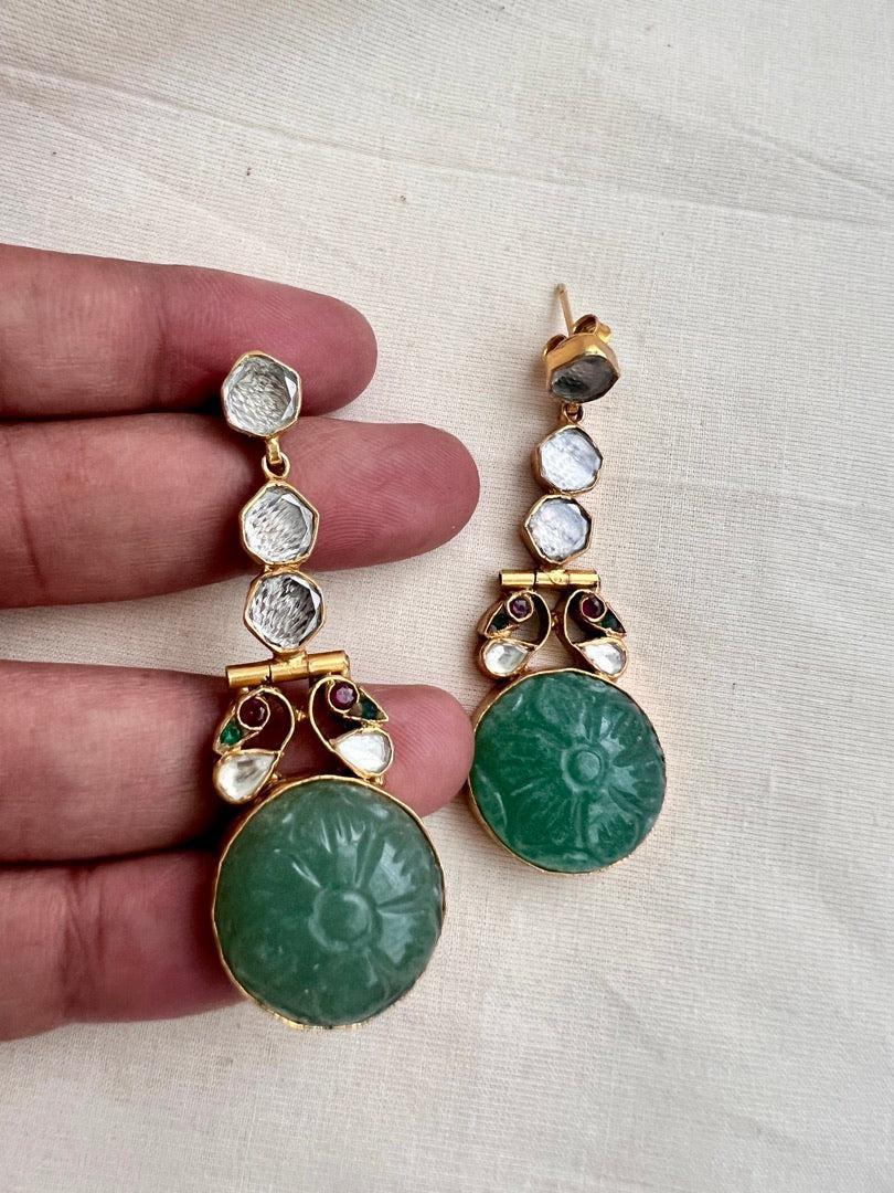Gold polish kundan hangings with carved jade stone-Earrings-CI-House of Taamara