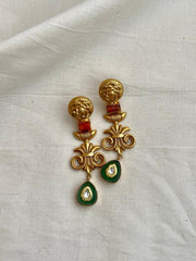 Gold polish kundan inlay hangings with coral stone-Earrings-CI-House of Taamara