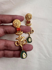 Gold polish kundan inlay hangings with coral stone-Earrings-CI-House of Taamara
