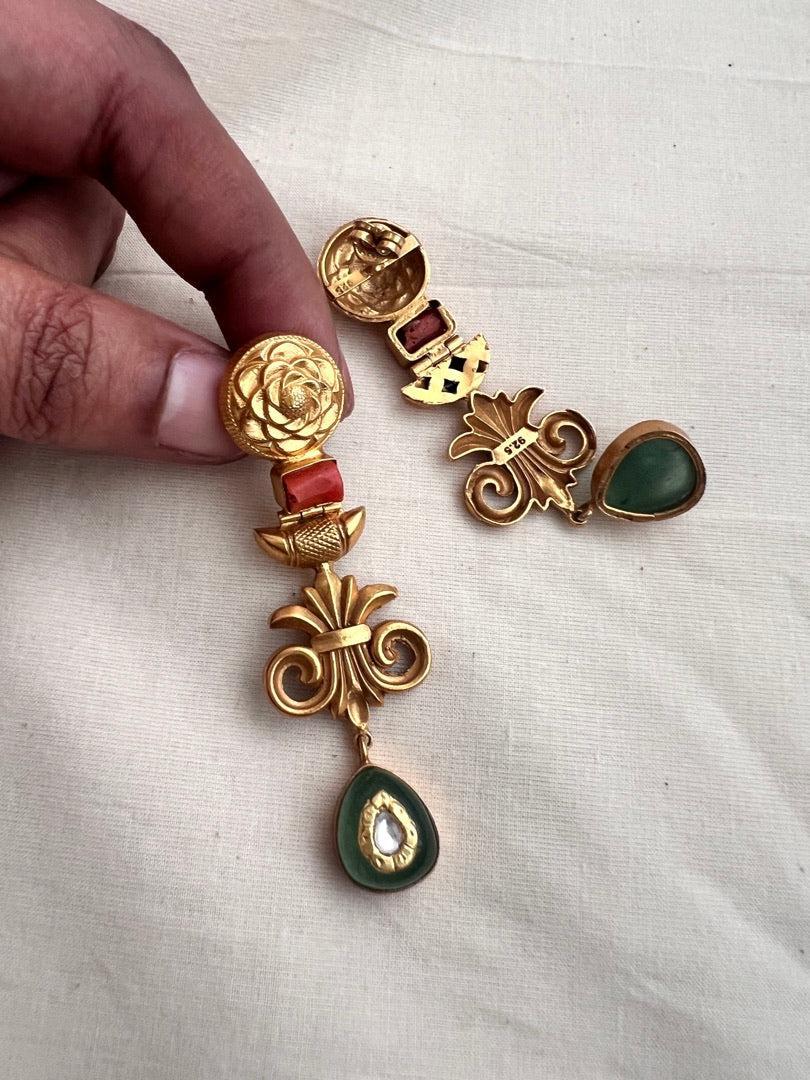 Gold polish kundan inlay hangings with coral stone-Earrings-CI-House of Taamara