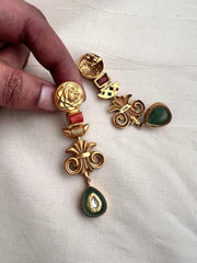 Gold polish kundan inlay hangings with coral stone-Earrings-CI-House of Taamara