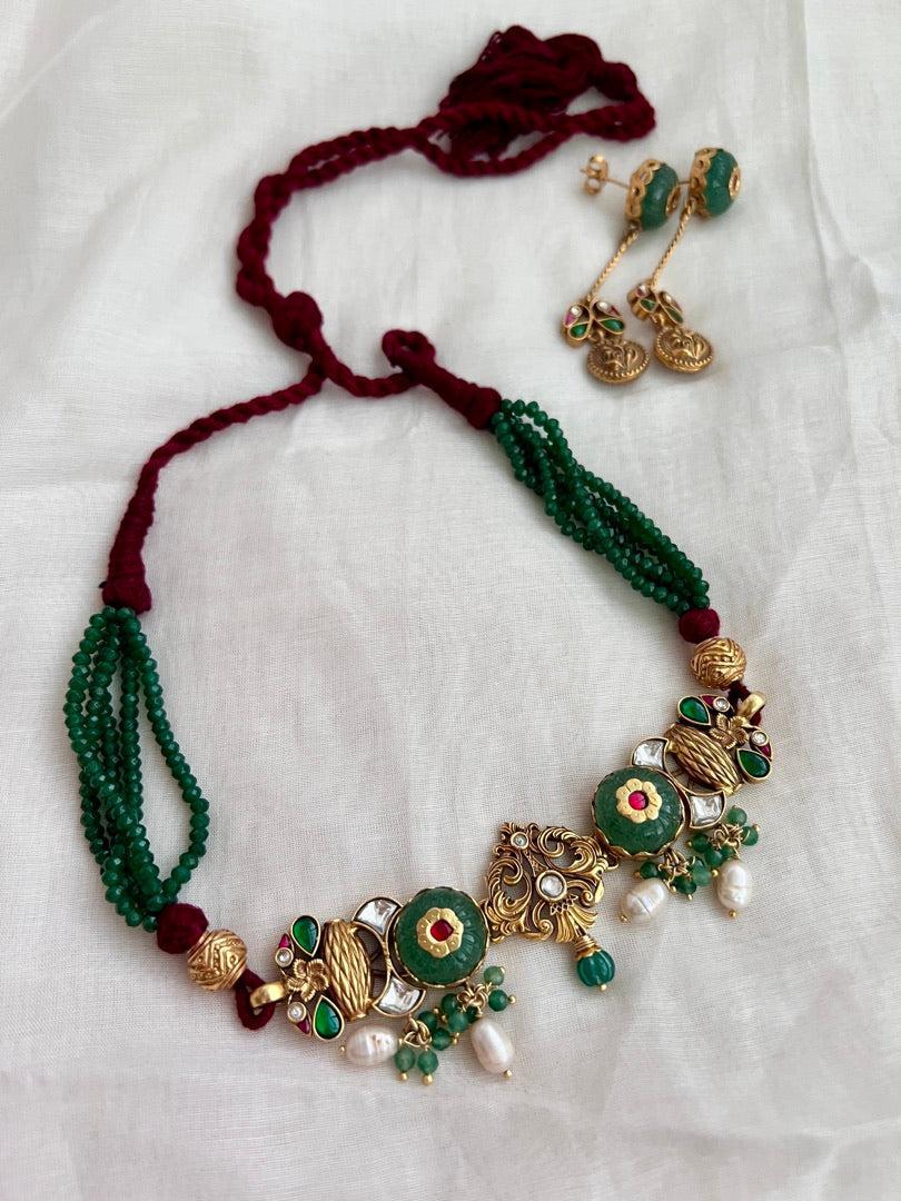 Gold polish kundan inlay work choker with earrings, SET-Silver Neckpiece-CI-House of Taamara