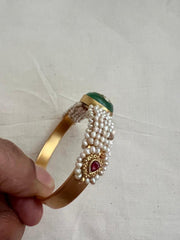 Gold polish kundan inlay work on jade kada with pearls kada-Silver Bracelet-CI-House of Taamara