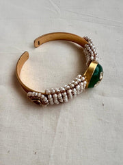 Gold polish kundan inlay work on jade kada with pearls kada-Silver Bracelet-CI-House of Taamara