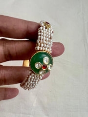 Gold polish kundan inlay work on jade kada with pearls kada-Silver Bracelet-CI-House of Taamara