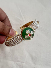 Gold polish kundan inlay work on jade kada with pearls kada-Silver Bracelet-CI-House of Taamara