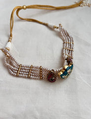 Gold polish kundan inlay work on jade with pearls choker-Silver Neckpiece-CI-House of Taamara