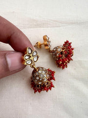 Gold polish kundan jhumkas with coral beads-Earrings-CI-House of Taamara