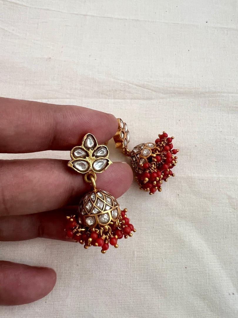 Gold polish kundan jhumkas with coral beads-Earrings-CI-House of Taamara
