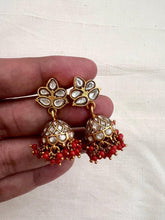 Gold polish kundan jhumkas with coral beads-Earrings-CI-House of Taamara