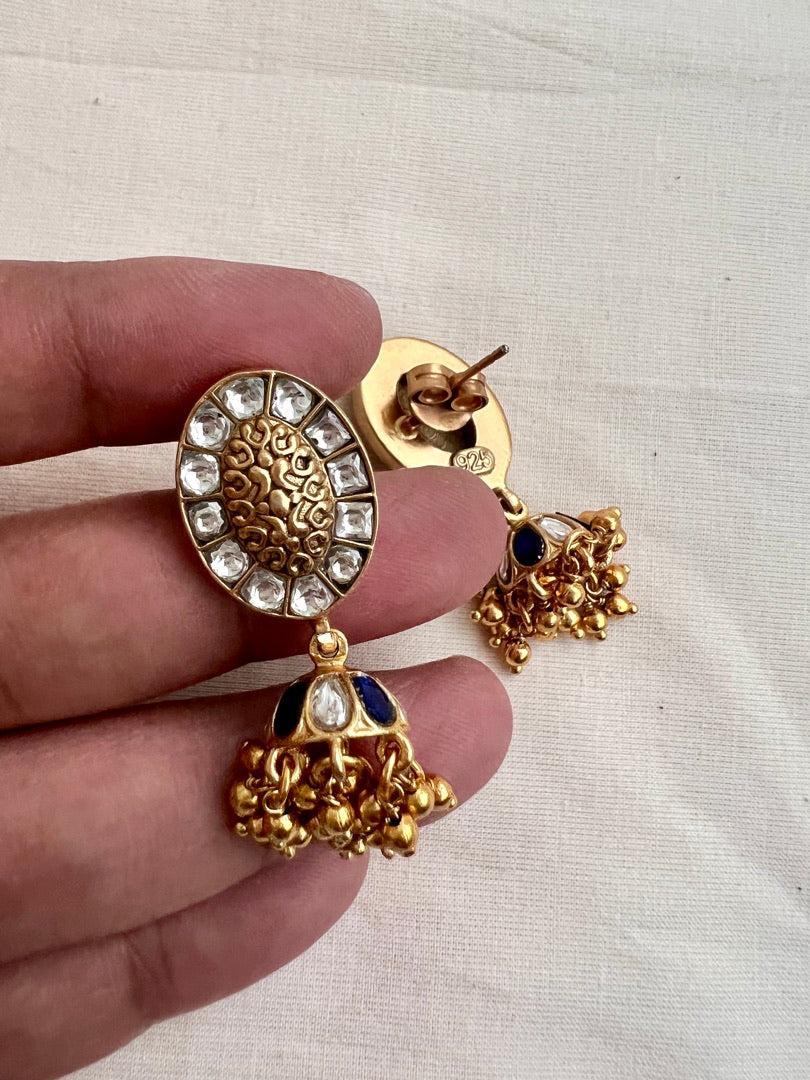 Gold polish kundan jhumkas with gold beads-Earrings-CI-House of Taamara