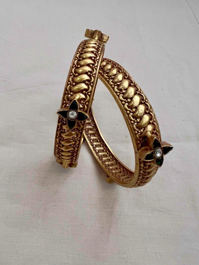 Gold polish kundan motif bangles, PAIR-Silver Bracelet-CI-House of Taamara