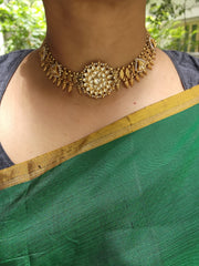 Gold polish kundan pendant necklace with pearls-Silver Neckpiece-CI-House of Taamara