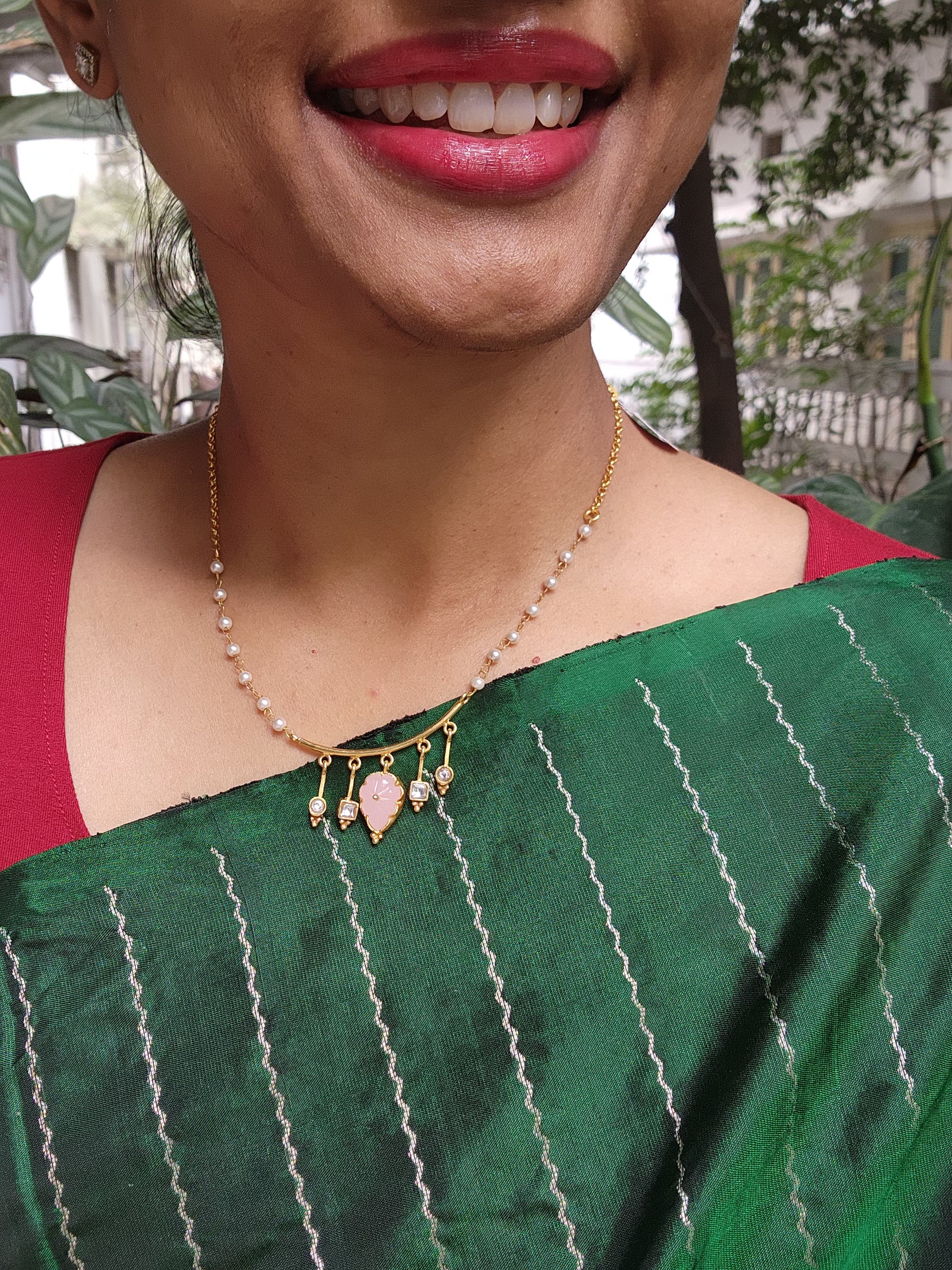 Gold polish kundan & rose quartz pendant with pearl and gold chain-Silver Neckpiece-CI-House of Taamara