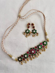 Gold polish kundan, ruby and emerald choker with pearls, SET-Silver Neckpiece-CI-House of Taamara
