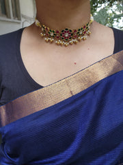 Gold polish kundan, ruby and emerald choker with pearls, SET-Silver Neckpiece-CI-House of Taamara