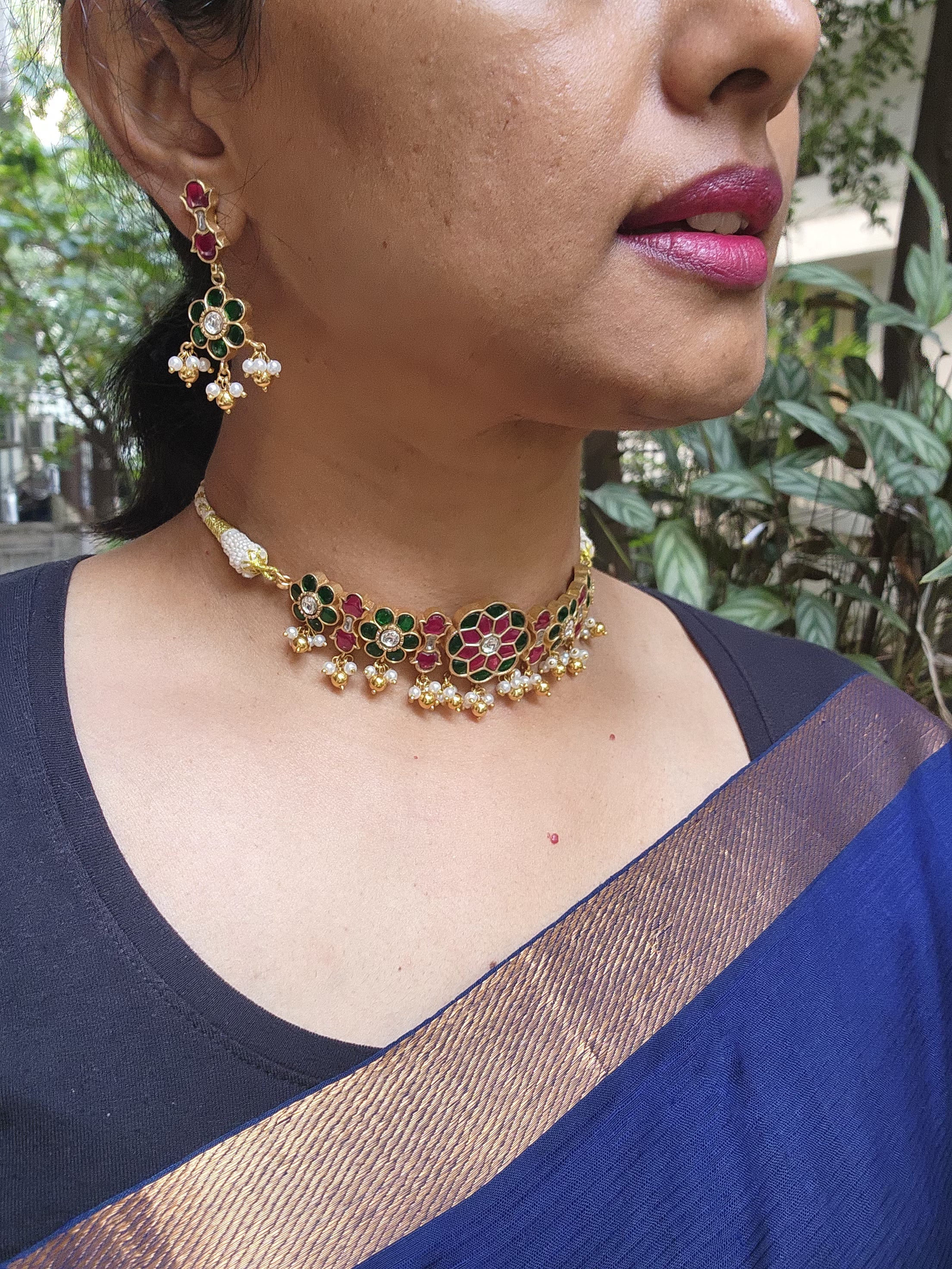Gold polish kundan, ruby and emerald choker with pearls, SET-Silver Neckpiece-CI-House of Taamara