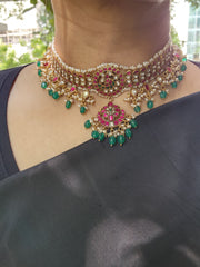 Gold polish kundan, ruby and emerald choker with pearls and green onyx beads-Silver Neckpiece-CI-House of Taamara