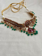 Gold polish kundan, ruby and emerald choker with pearls and green onyx beads-Silver Neckpiece-CI-House of Taamara