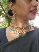 Gold polish kundan, ruby and emerald choker with pearls and green onyx beads-Silver Neckpiece-CI-House of Taamara