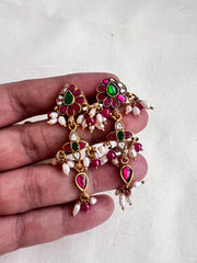 Gold polish kundan, ruby and emerald earrings with pearls-Earrings-CI-House of Taamara