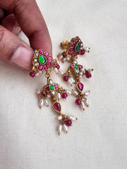 Gold polish kundan, ruby and emerald earrings with pearls-Earrings-CI-House of Taamara