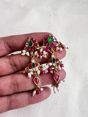 Gold polish kundan, ruby and emerald earrings with pearls-Earrings-CI-House of Taamara