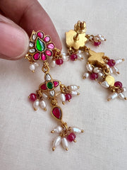 Gold polish kundan, ruby and emerald earrings with pearls-Earrings-CI-House of Taamara