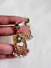Gold polish kundan, ruby and emerald earrings with pearls-Earrings-CI-House of Taamara