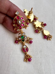 Gold polish kundan, ruby and emerald earrings with pearls-Earrings-CI-House of Taamara