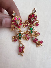 Gold polish kundan, ruby and emerald earrings with pearls-Earrings-CI-House of Taamara