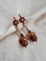 Gold polish kundan, ruby and emerald hangings with pearls-Earrings-CI-House of Taamara