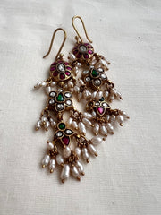 Gold polish kundan, ruby and emerald hangings with pearls-Earrings-CI-House of Taamara