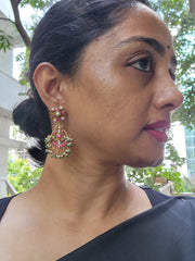 Gold polish kundan, ruby and emerald hangings with pearls-Earrings-CI-House of Taamara