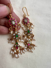 Gold polish kundan, ruby and emerald hangings with pearls-Earrings-CI-House of Taamara