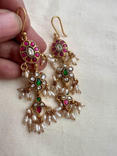 Gold polish kundan, ruby and emerald hangings with pearls-Earrings-CI-House of Taamara