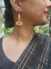 Gold polish kundan, ruby and emerald hangings with pearls-Earrings-CI-House of Taamara