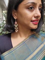 Gold polish kundan, ruby and emerald hangings with pearls-Earrings-CI-House of Taamara