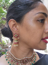 Gold polish kundan, ruby and emerald jhumkas with pearls-Earrings-CI-House of Taamara