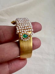 Gold polish kundan, ruby and emerald kada with pearls-Silver Bracelet-CI-House of Taamara