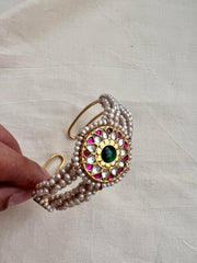 Gold polish kundan, ruby and emerald kada with pearls-Silver Bracelet-CI-House of Taamara