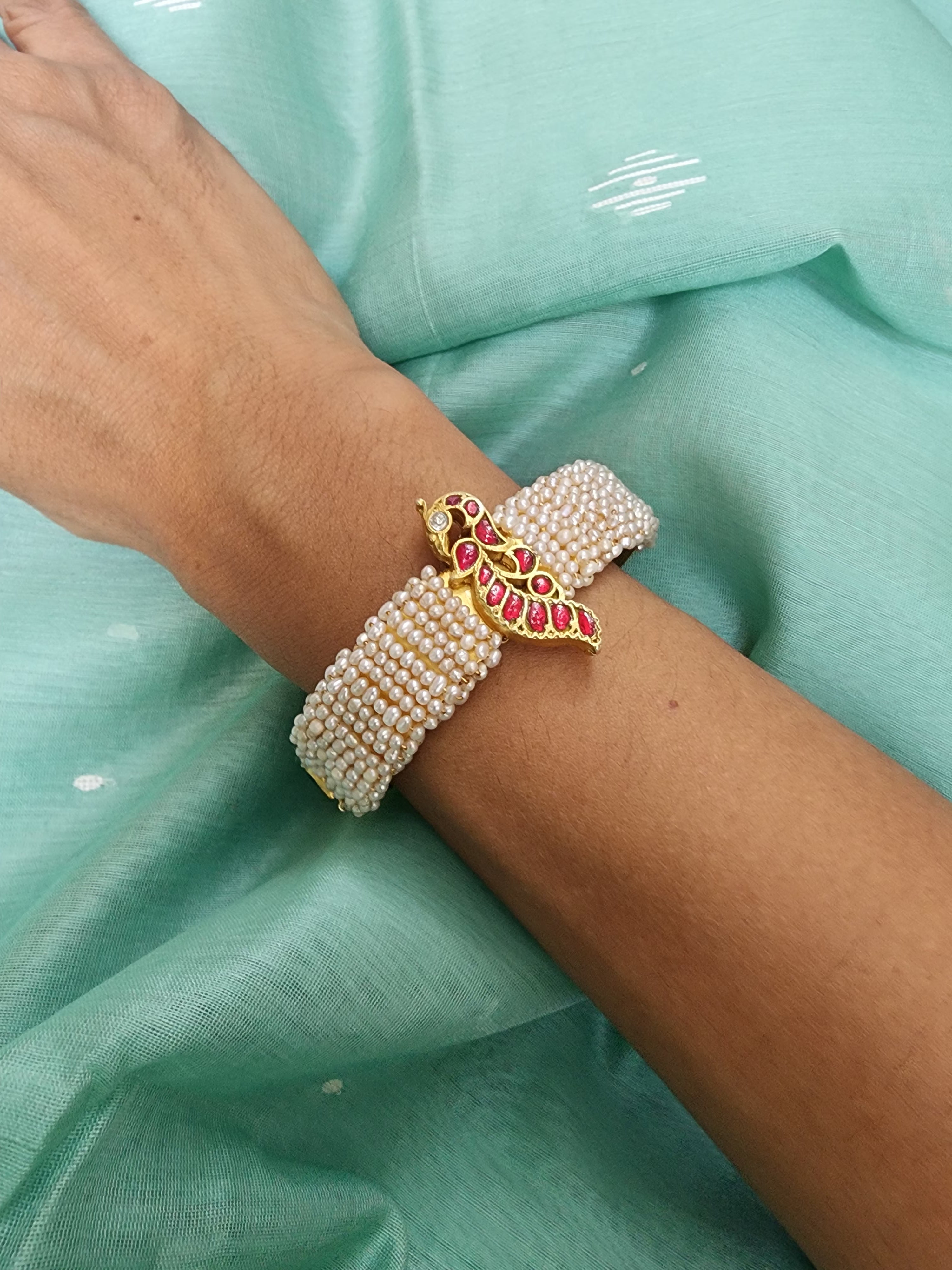 Gold polish kundan, ruby and emerald kada with pearls-Silver Bracelet-CI-House of Taamara