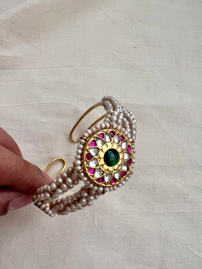 Gold polish kundan, ruby and emerald kada with pearls-Silver Bracelet-CI-House of Taamara