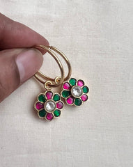 Gold polish kundan, ruby and emerald loop earrings-Earrings-CI-House of Taamara
