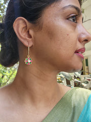 Gold polish kundan, ruby and emerald loop earrings-Earrings-CI-House of Taamara