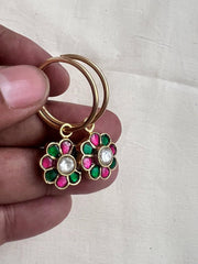 Gold polish kundan, ruby and emerald loop earrings-Earrings-CI-House of Taamara