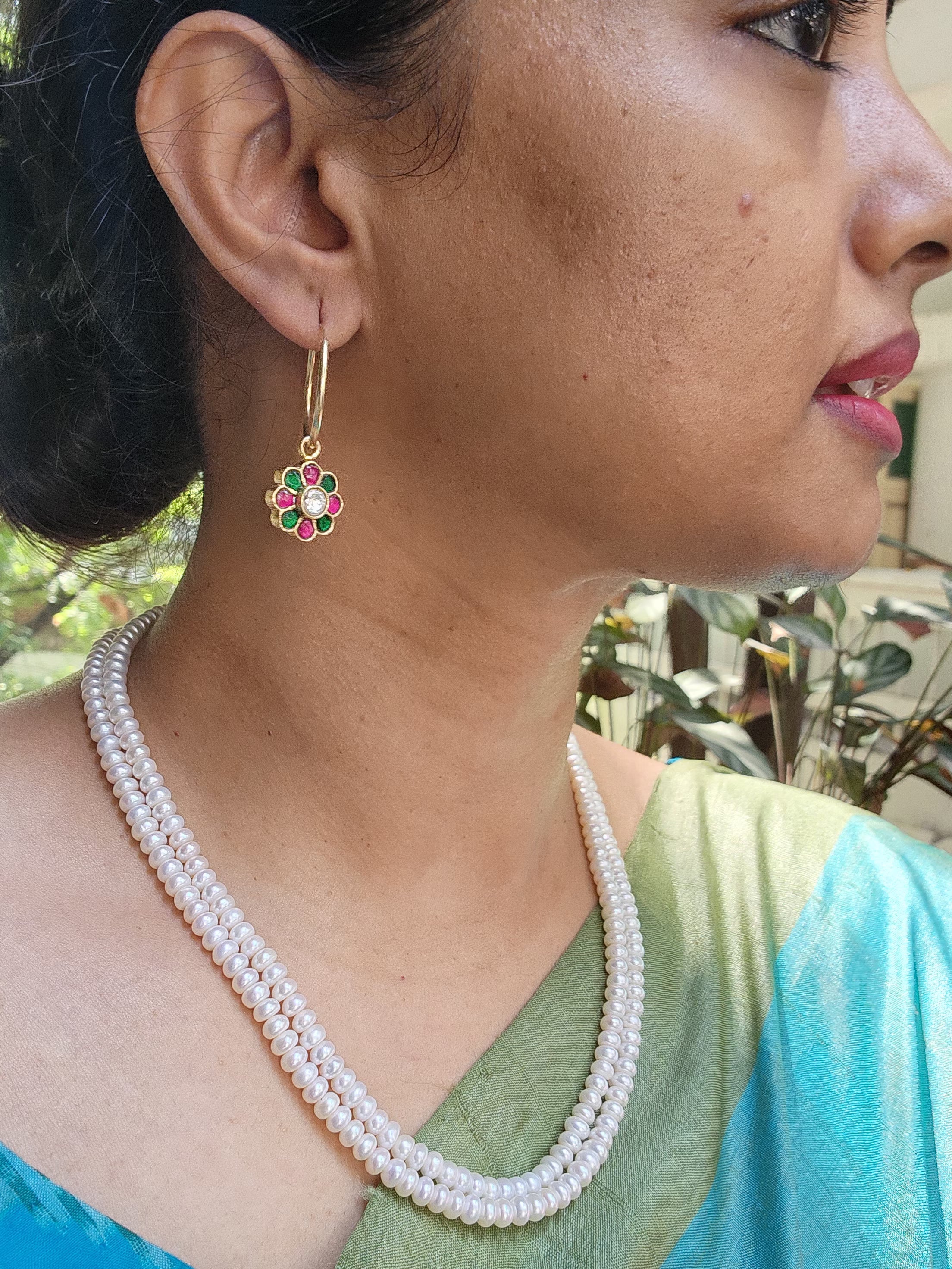 Gold polish kundan, ruby and emerald loop earrings-Earrings-CI-House of Taamara