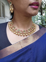 Gold polish kundan, ruby and emerald necklace with earrings, SET-Silver Neckpiece-CI-House of Taamara