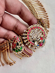 Gold polish kundan, ruby and emerald necklace with pearls-Silver Neckpiece-CI-House of Taamara